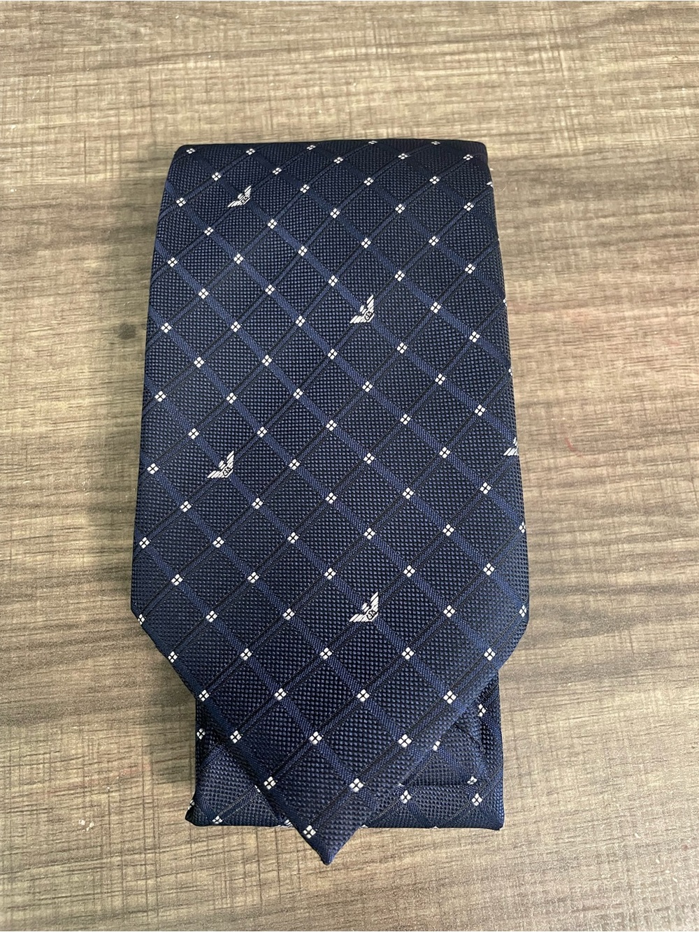 Emporio Armani Navy Blue Silk Necktie – Woven Checkered Pattern with Eagles